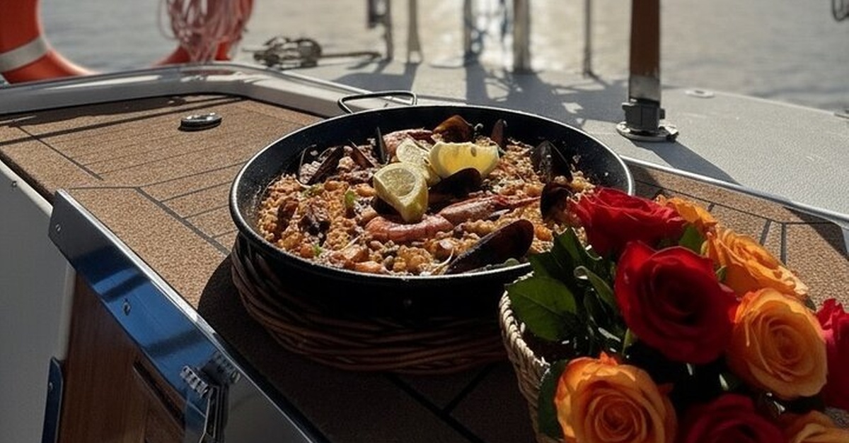Cena romántica a bordo en el puerto de Barcelona