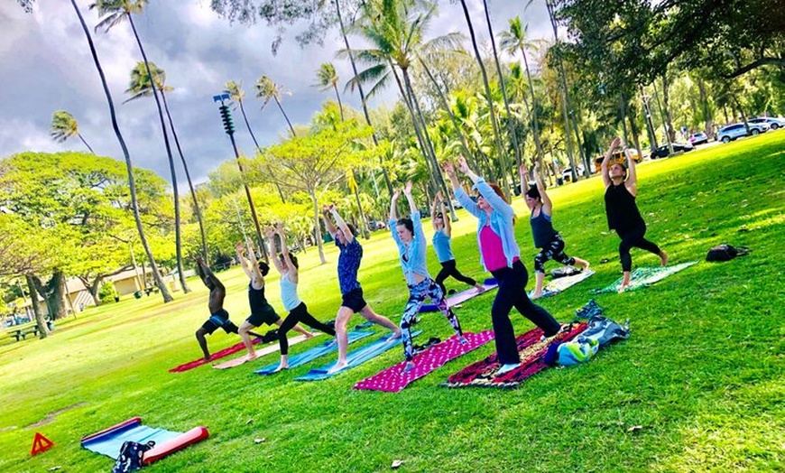 Image 9: Beach Yoga on Waikiki with Diamondhead Backdrop