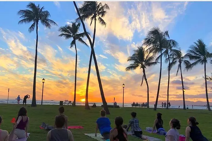 Beach Yoga on Waikiki with Diamondhead Backdrop
