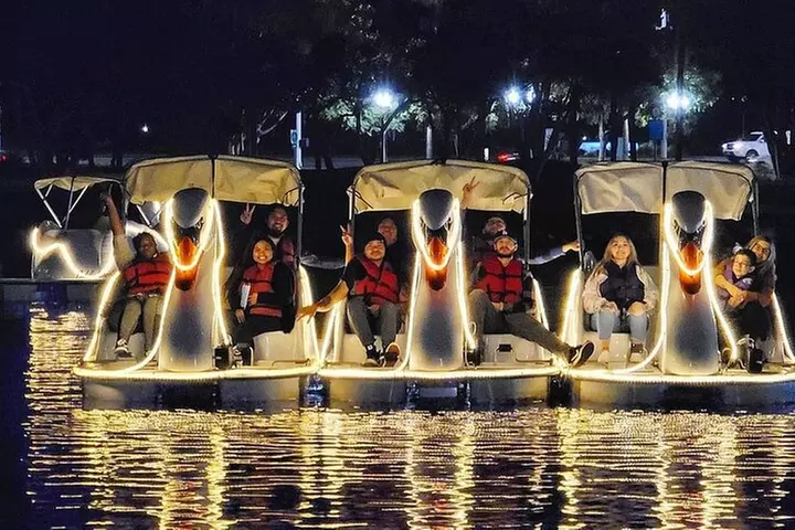 Illuminated Swan Boat Night Ride on Rainbow Lagoon in Long Beach