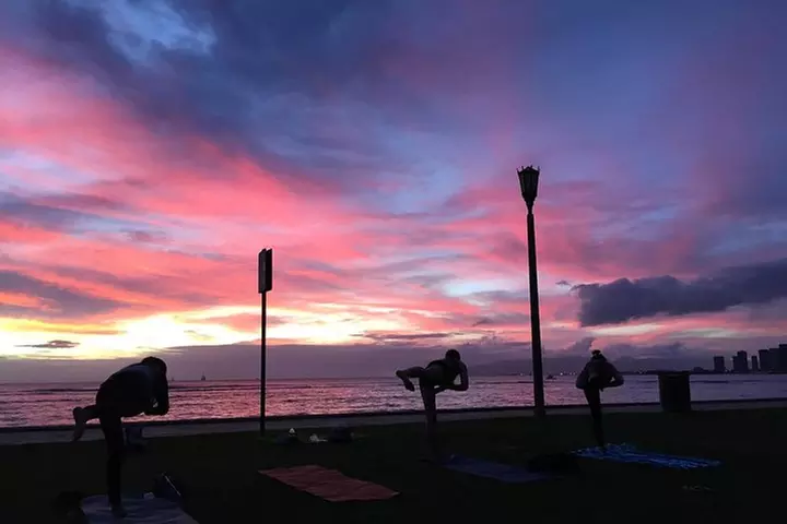 Beach Yoga on Waikiki with Diamondhead Backdrop