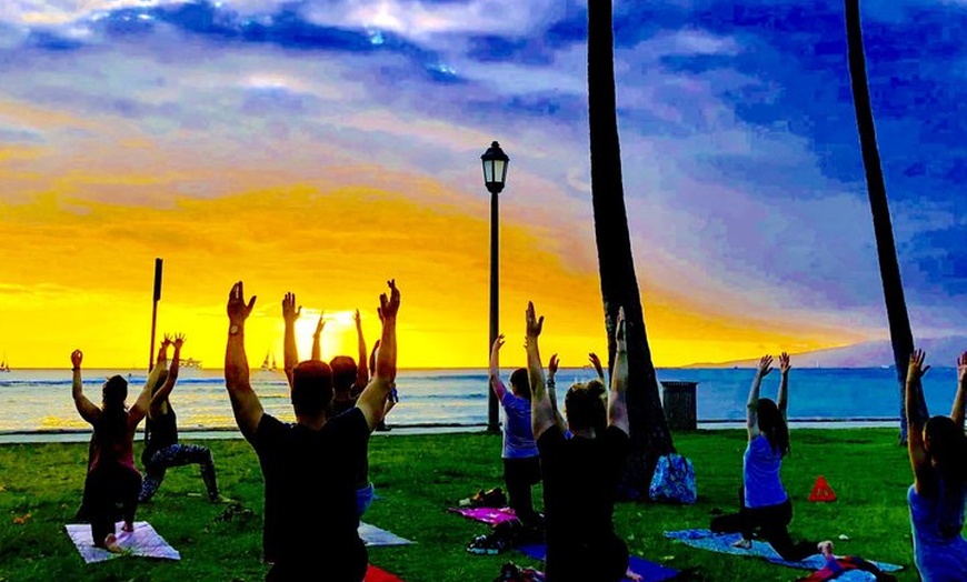 Image 10: Beach Yoga on Waikiki with Diamondhead Backdrop