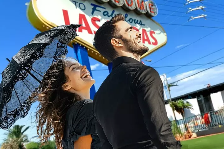 Goth Wedding or Vow Renewal at Vegas Sign with Props and Photos