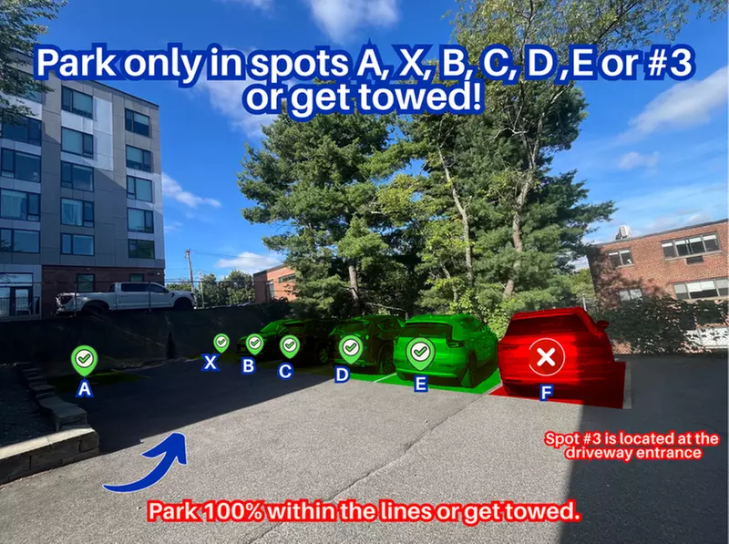 Parking at 17 Sunset St. Lot - Spots A, X, B, C, D, E or #3 Only
