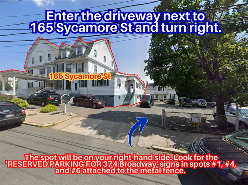 Parking at 165 Sycamore St. (374 Broadway) - Spots #1, #2, #3, #4, ...