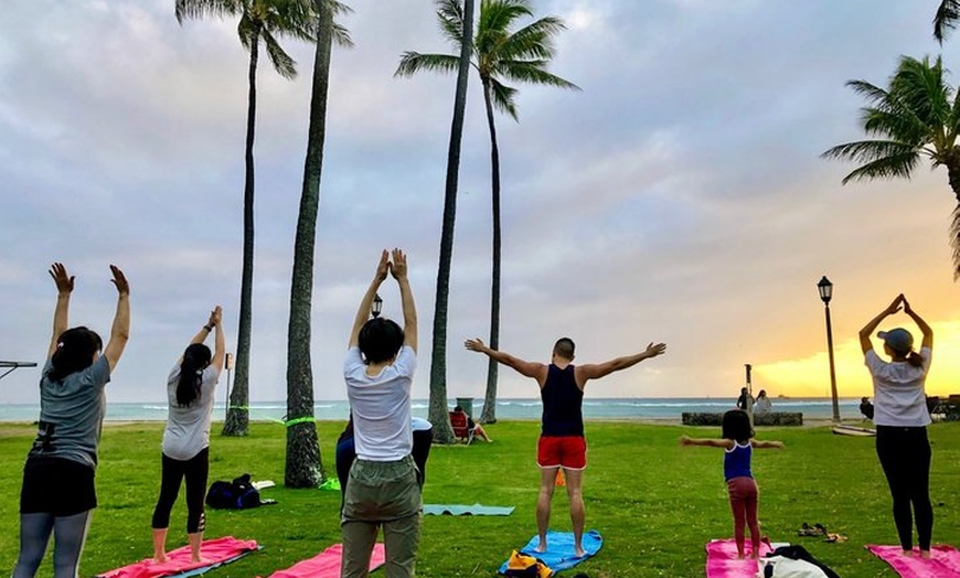 Image 11: Beach Yoga on Waikiki with Diamondhead Backdrop