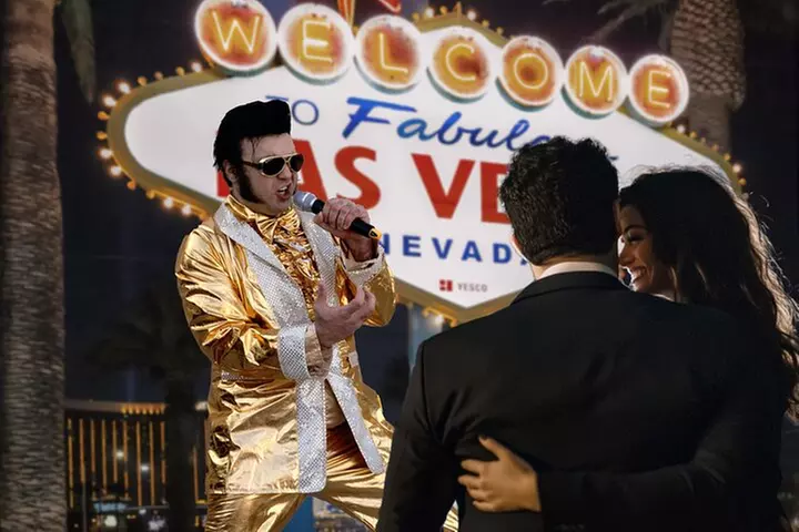 Gold Elvis Wedding or Vow Renewal at Las Vegas Sign