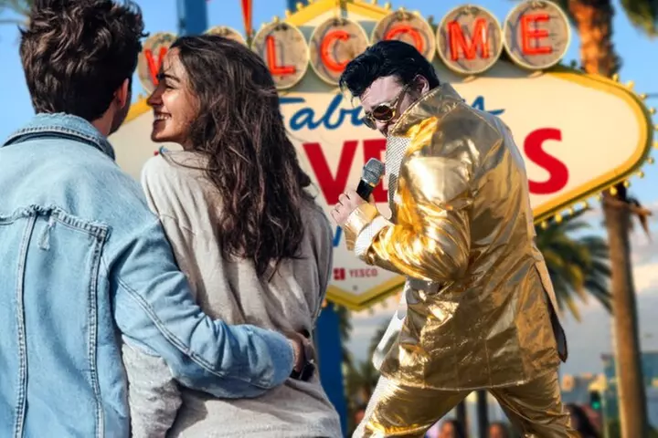 Gold Elvis Wedding or Vow Renewal at Las Vegas Sign