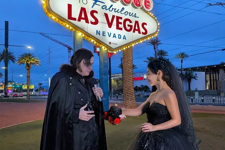 Goth Wedding or Vow Renewal at Vegas Sign with Props and Photos