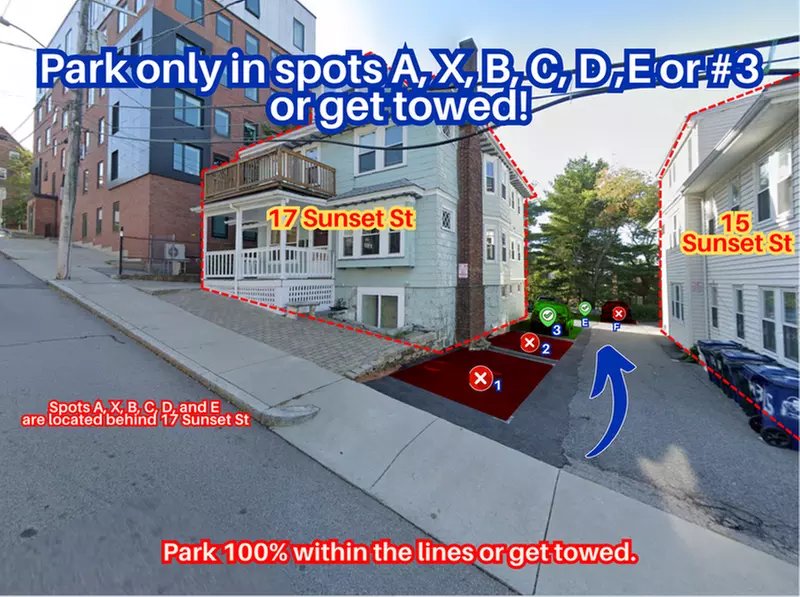 Parking at 17 Sunset St. Lot - Spots A, X, B, C, D, E or #3 Only