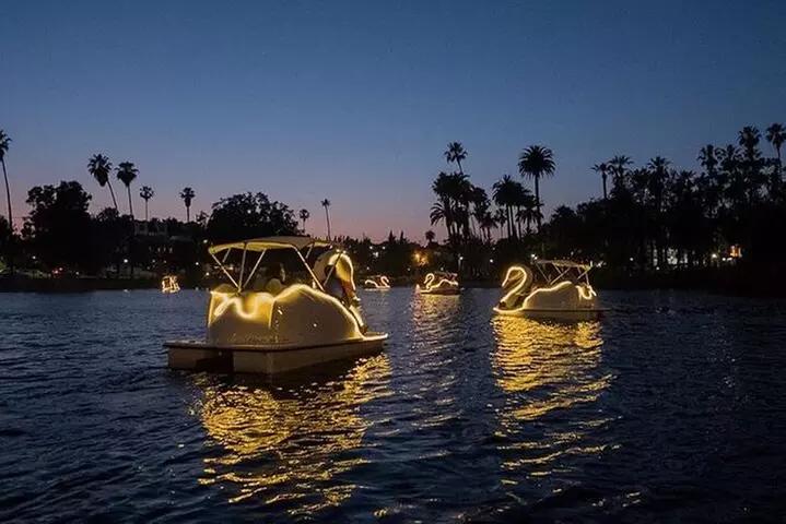 Illuminated Swan Boat Night Ride on Rainbow Lagoon in Long Beach