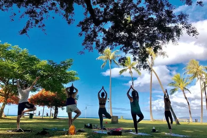 Beach Yoga on Waikiki with Diamondhead Backdrop