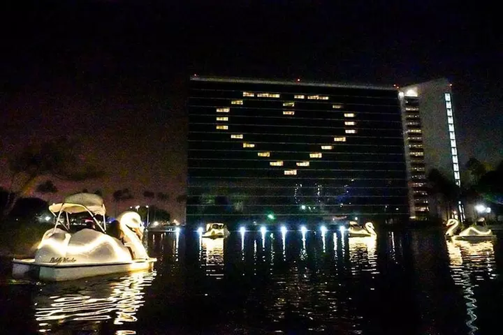 Illuminated Swan Boat Night Ride on Rainbow Lagoon in Long Beach