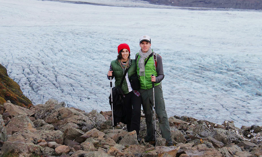 Alex and Sarah hiking on a glacier in Iceland