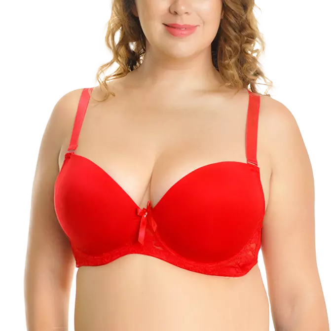 Woman wearing red full-figure bra