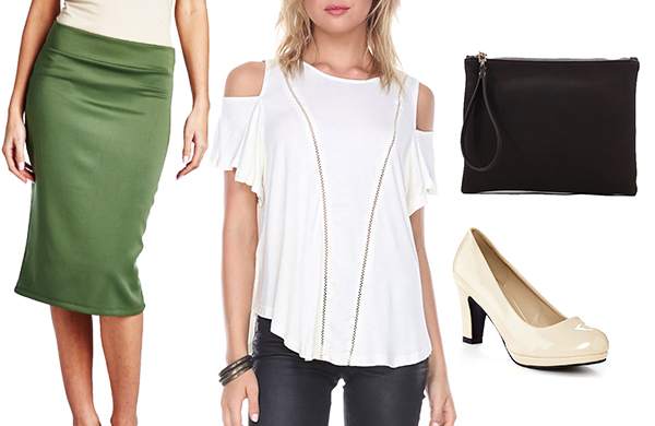 cold shoulder top pencil skirt oversized clutch pumps