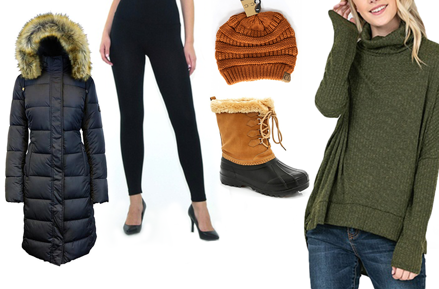 Collage of a winter parka, fleece-lined leggings, knit hat, snow boots, and turtleneck