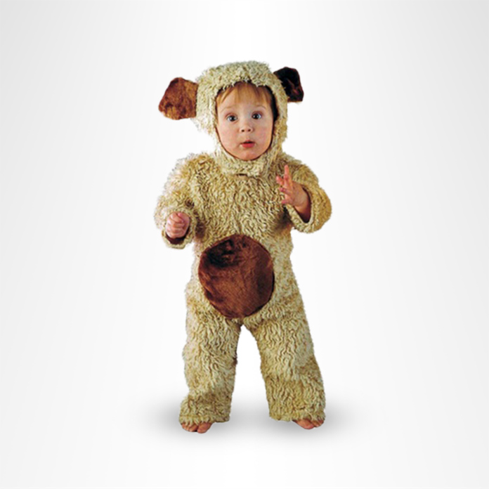 Toddler in bear costume.