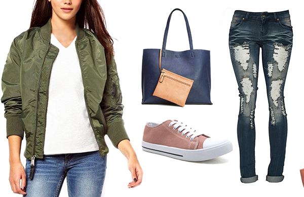 bomber jacket white tshirt oversized shop bag lowtop sneakers