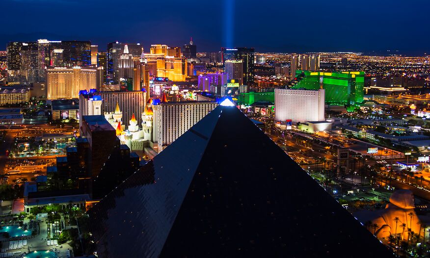 Las Vegas at night with closeup on Luxor pyramid