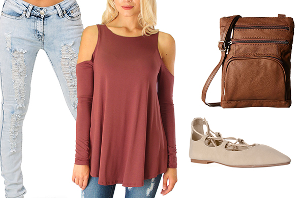 cold shoulder top distressed jeans crossbody bag lace up flats