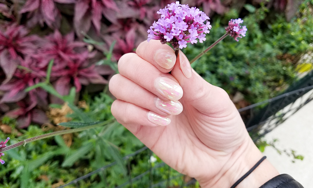 Hand with press-on glass nails 