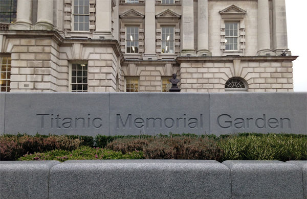 View of the Titanic Memorial which sits in the Titanic Memorial Garden at Belfast City Hall