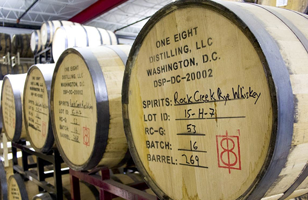 Whiskey barrels at a distillery