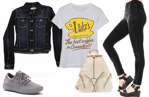 moto leggings jean jacket graphic tee fashion backpack sneakers