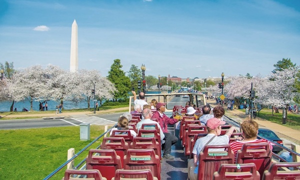 Open-top bus driving toward Washington Monument