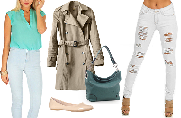 distressed denim brightly colored blouse nude ballet flats trench coat handbag