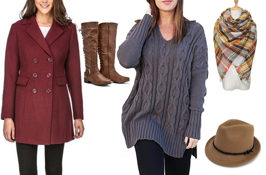 Collage of wool coat, knee-high boots, gray sweater, blanket scarf, and tan fedora