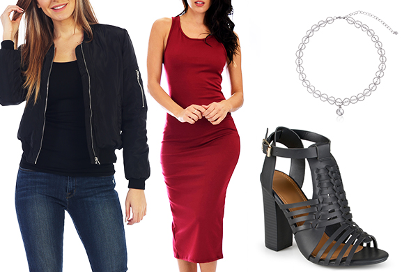 bomber jacket form fitting midi dress strappy cage heels choker