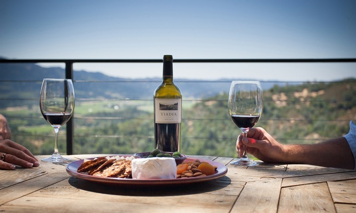 Wine and cheese plate overlooking vineyard in Napa Valley