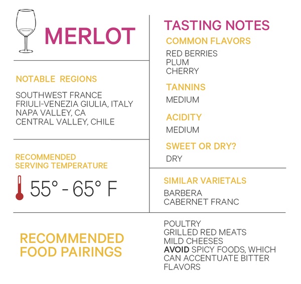 Merlot notable regions tasting notes serving temperature varietals food pairings