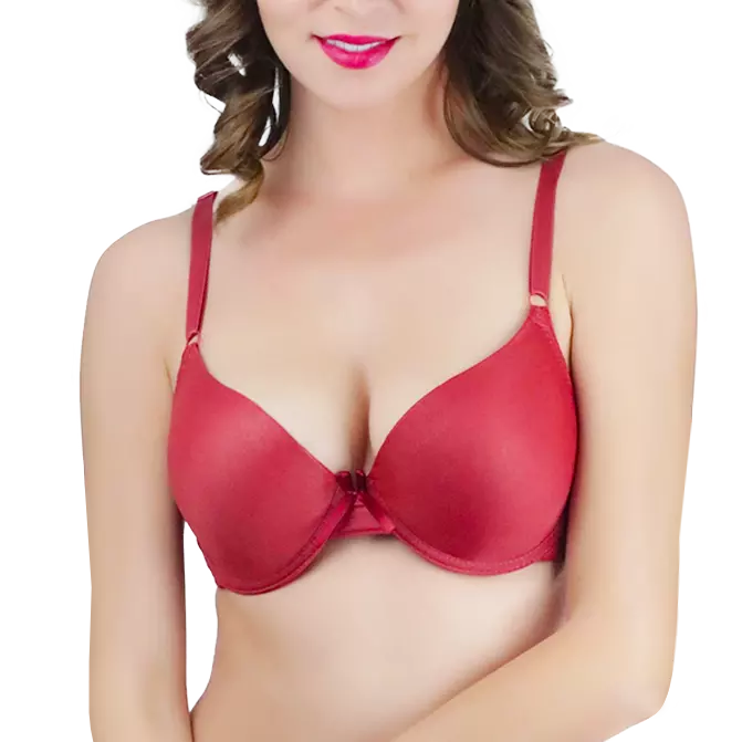 Woman in a rust red demi-cup bra