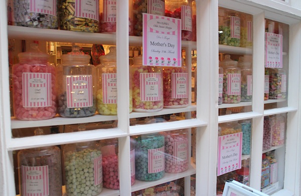 Sweet jars in the window of Mrs Kibble's Olde Sweet Shoppe