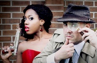 Woman with gun and detective with magnifying glass