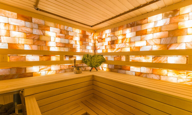 Interior view of an illuminated salt sauna.