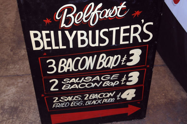 Sign displaying the prices of Belfast's Bellybuster's Baps