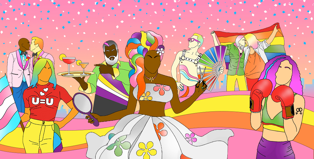 Illustration of LGBTQIA+ merchants and people celebtrating