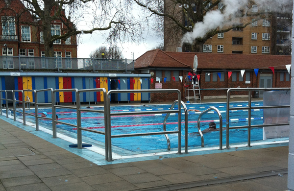 Colourful changing rooms at London Fields Lido