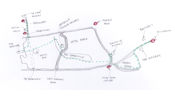 Map of places to eat on a walking tour of Piccadilly to Bayswater