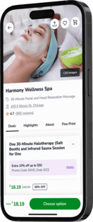 A smartphone displaying the Groupon app interface featuring a spa deal for “Harmony Wellness Spa,” showing a 30-minute facial and head relaxation massage, rated 4.7 from 565 reviews, priced at $18.19, originally $45.50, with a 58% discount.