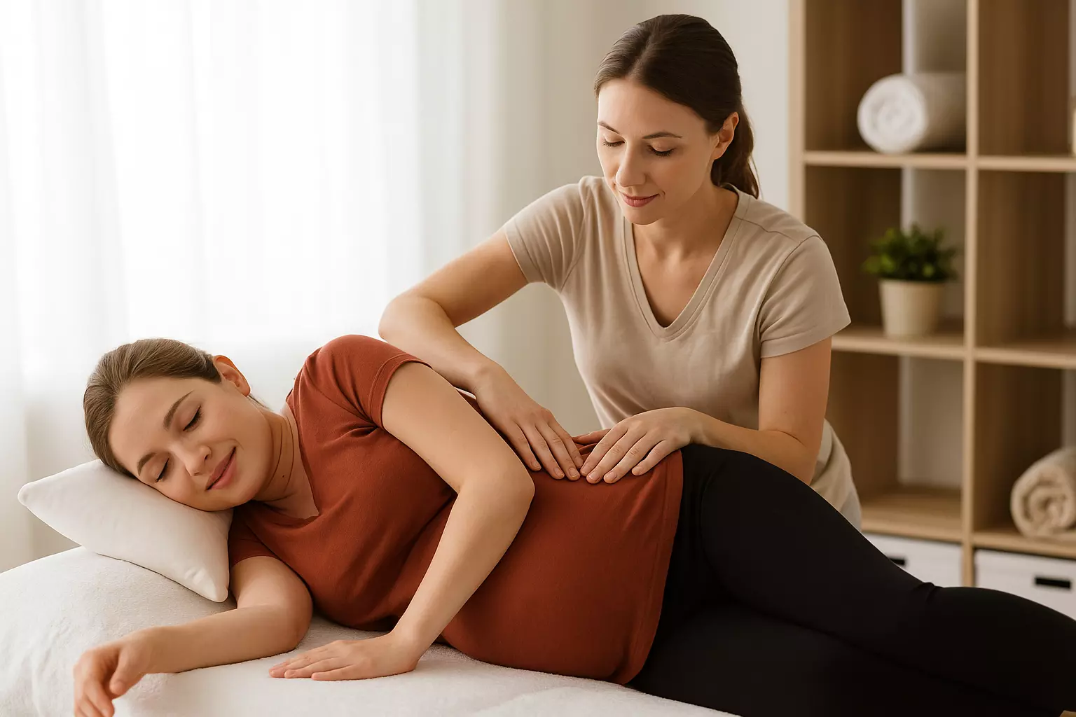 Pregnant woman receiving a professional massage from a certified prenatal therapist in a spa setting