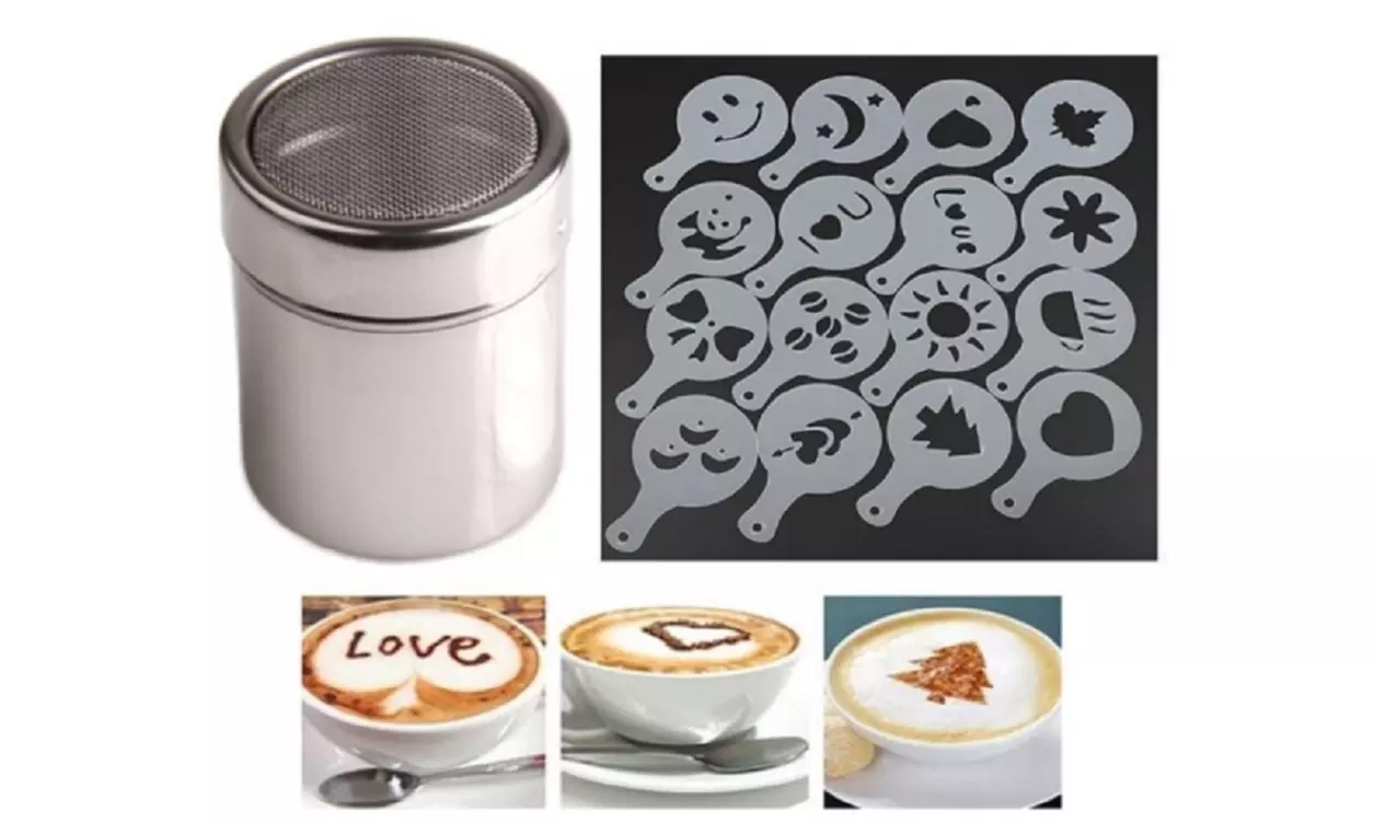 16 Coffee Stencil Cafe Barista Tools Latte Maker Cappuccino with Powder Shakers - Primary Image