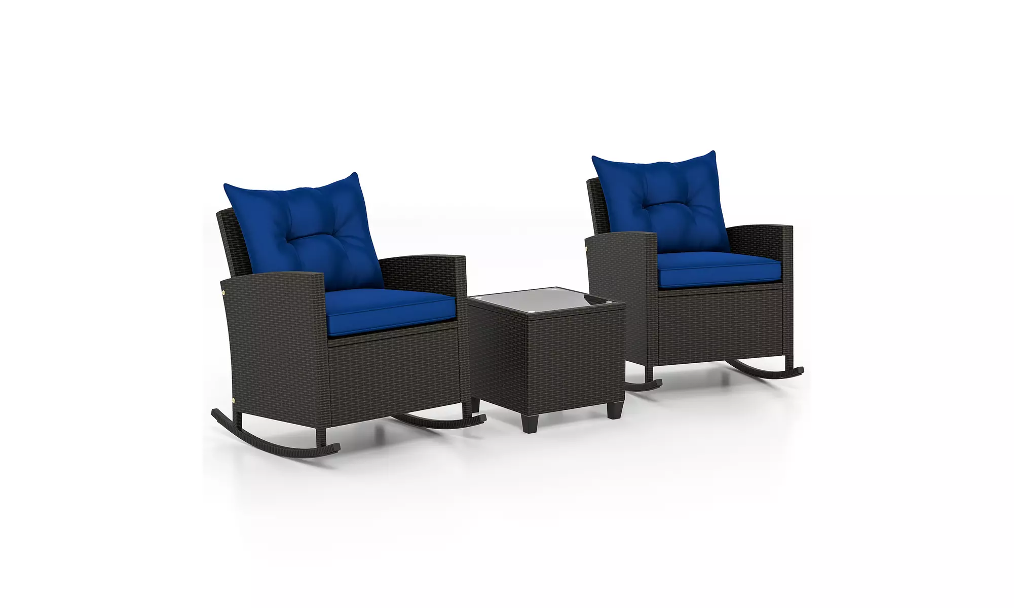 Costway 3 PCS Patio Wicker Rocking Set with Tempered Glass Table & Soft Cushions