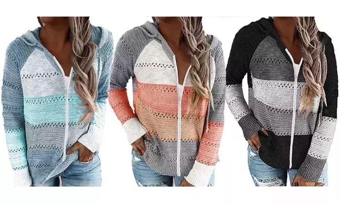 Women's Color Block Hoodies Tunics Casual Hollow Out Long Sleeve Tops Jacket - Primary Image