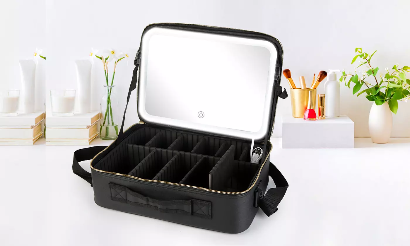 N'POLAR Travel Makeup Bag with Adjustable Dividers, LED Mirror and Brush Holder