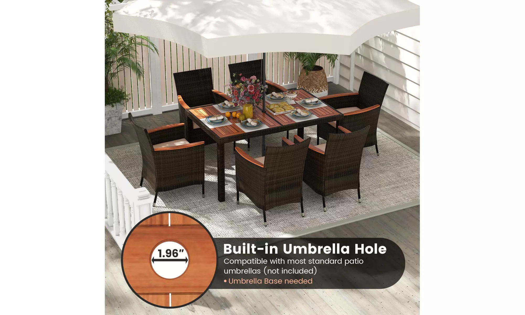 Costway 7 Pieces Outdoor Wicker Dining Set with Acacia Wood Table and 6 Chairs